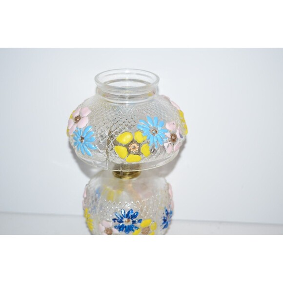 Vtg  Miniature oil Lamp Floral COSMOS Pattern flaws  clear glass - Picture 4 of 9